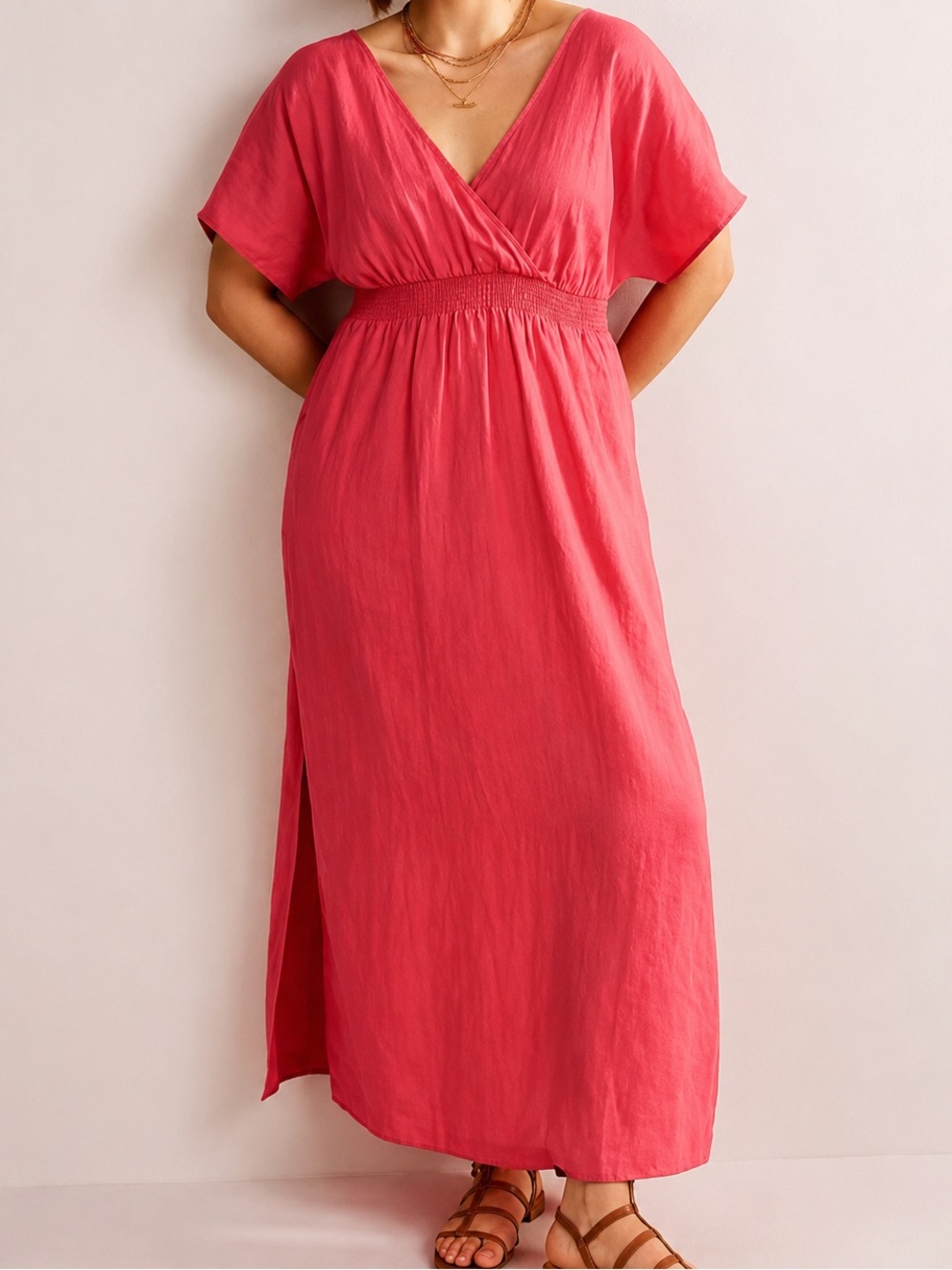 🌺 Boden Linen Kaftan Coral Pink V-Neck Maxi Dress – Size 10R 🌺